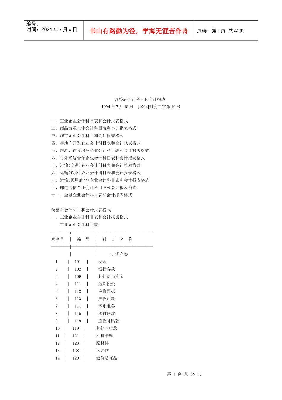调整后企业会计科目与会计报表格式_第1页