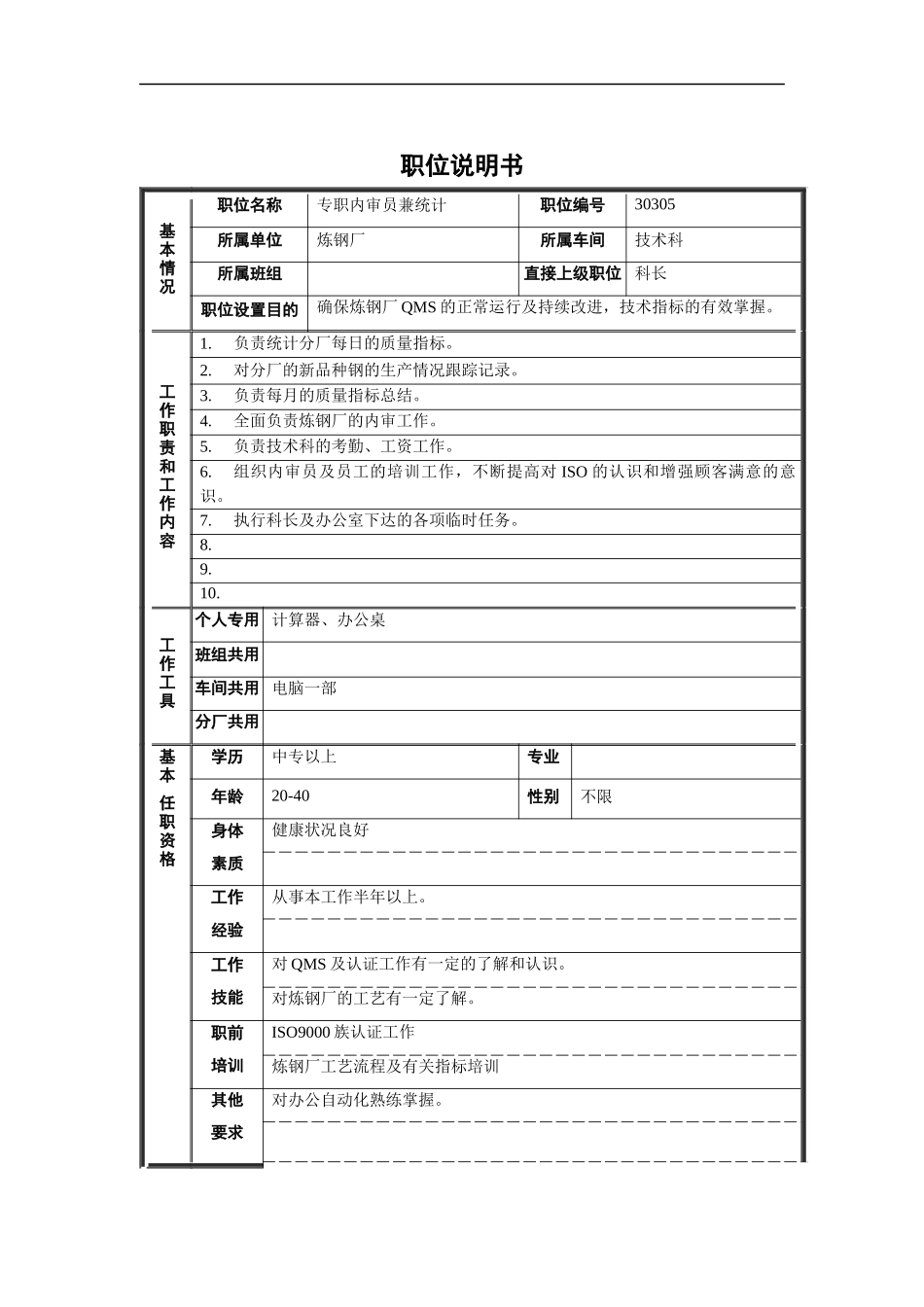 专职内审员兼统计职位说明书_第1页