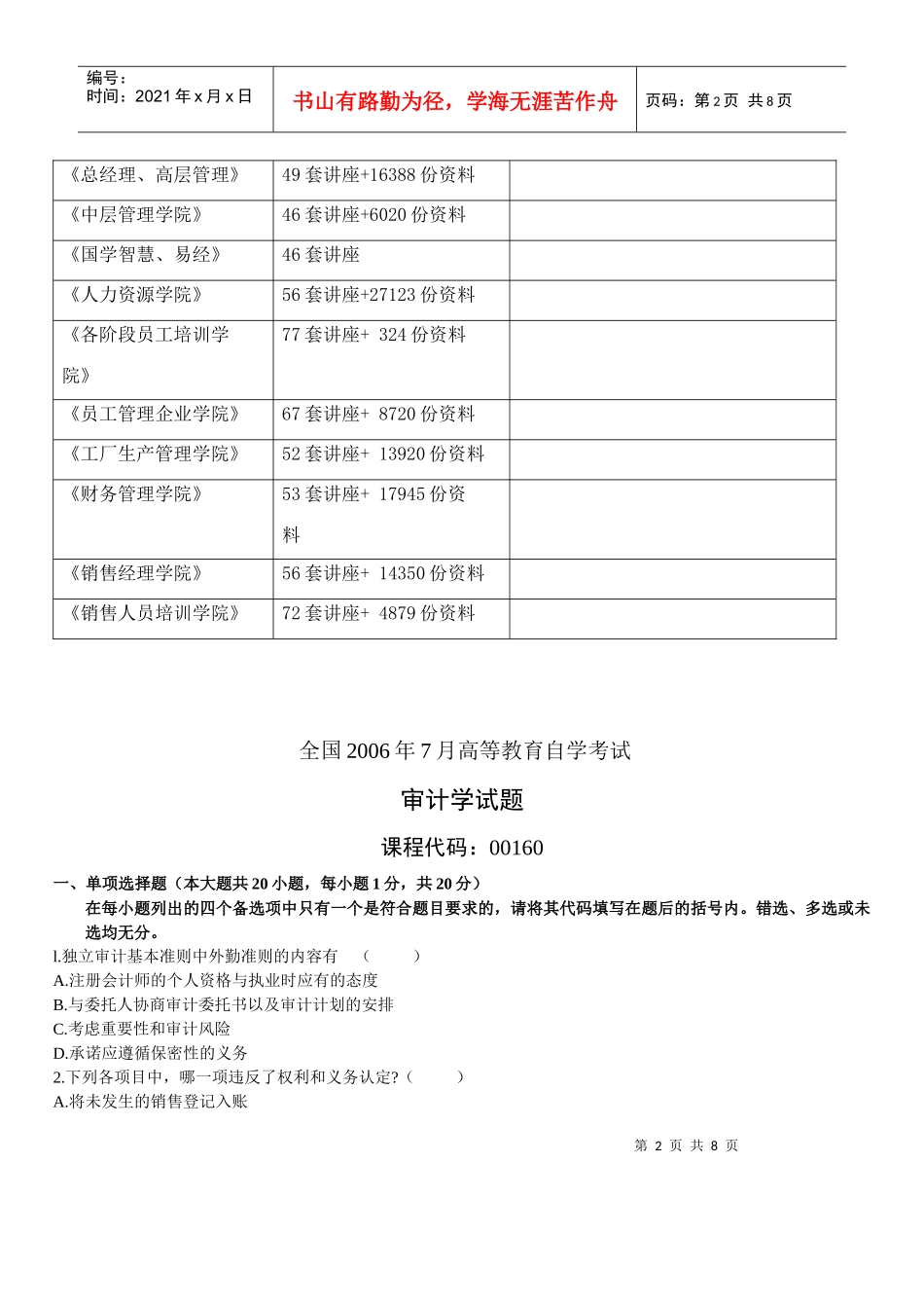 审计学高等教育自学考试试题_第2页