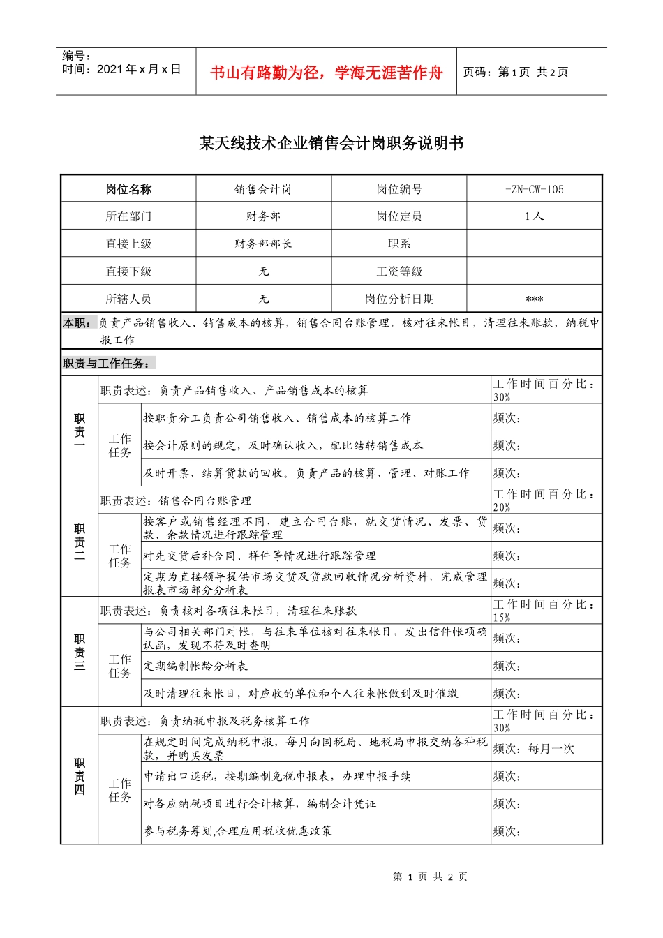 天线技术企业销售会计岗职务说明书_第1页