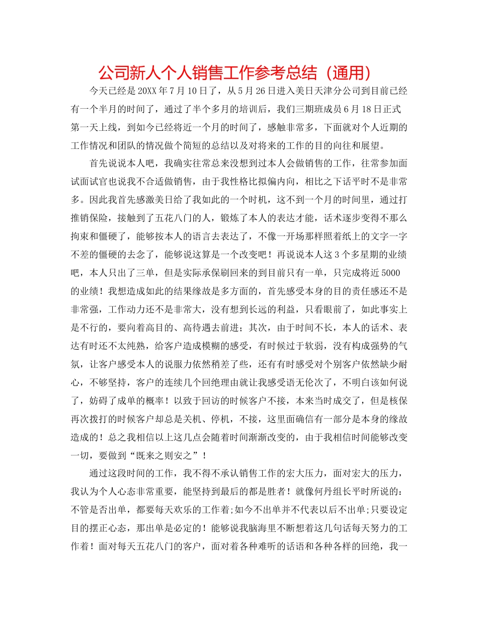 公司新人个人销售工作参考总结（通用）_第1页
