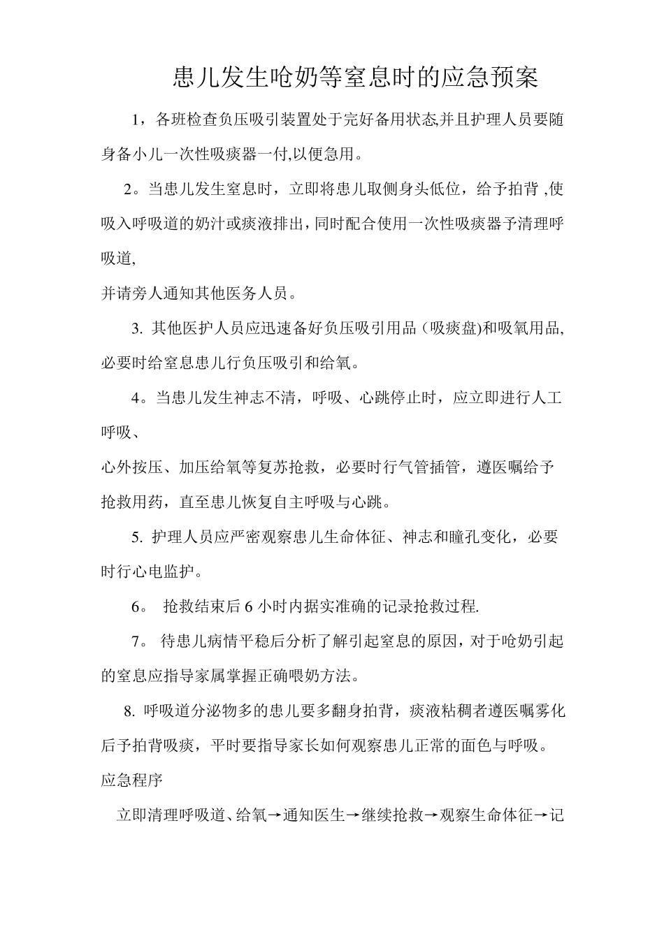 患儿发生呛奶等窒息时的应急预案_第1页