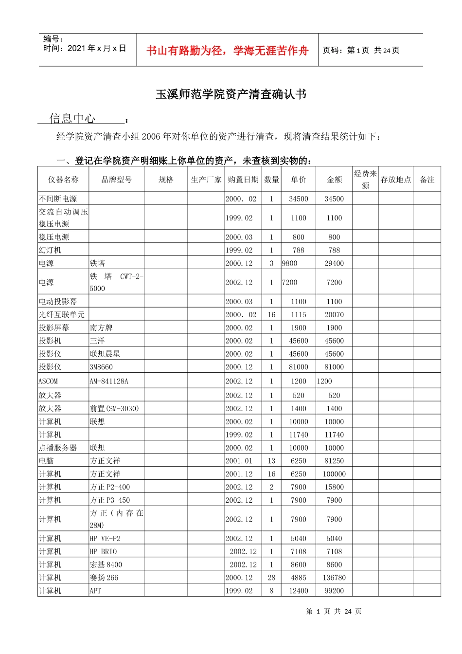 玉溪师范学院资产清查确认书_第1页