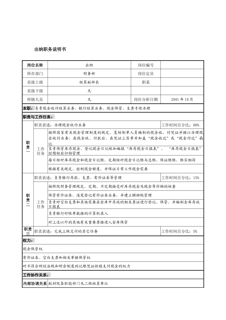 航材院财务部出纳职务说明书_第1页