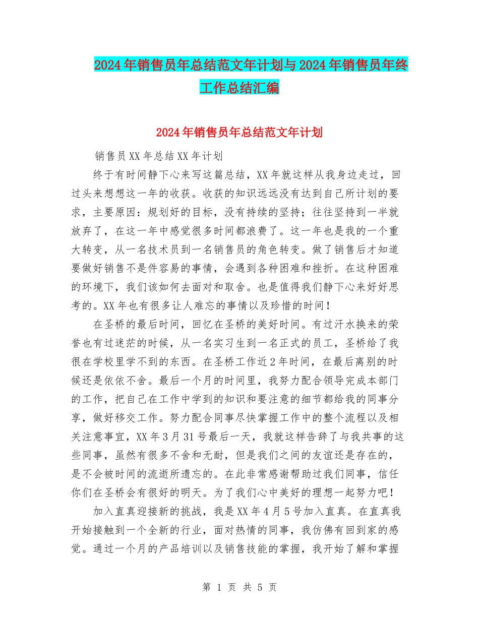 2024年销售员年总结范文年计划与2024年销售员年终工作总结汇编_第1页