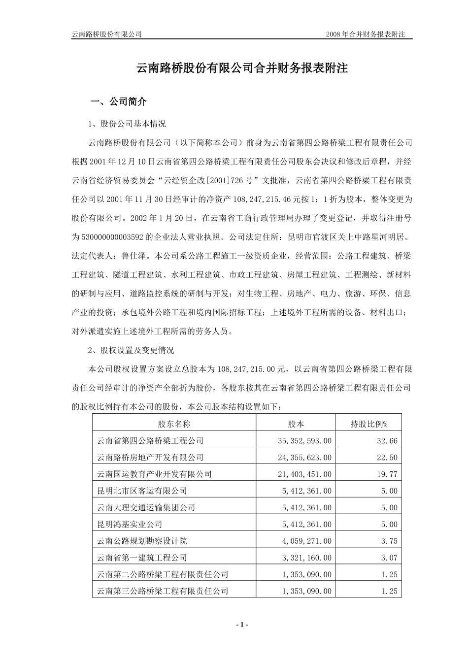云南路桥股份有限公司合并财务报表附注_第1页