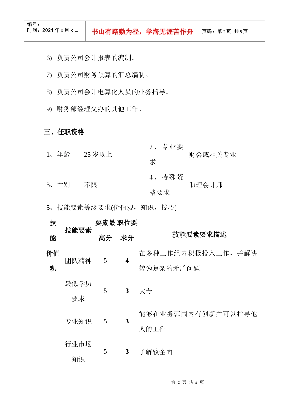 某公司财务综合主管会计职位说明书_第2页