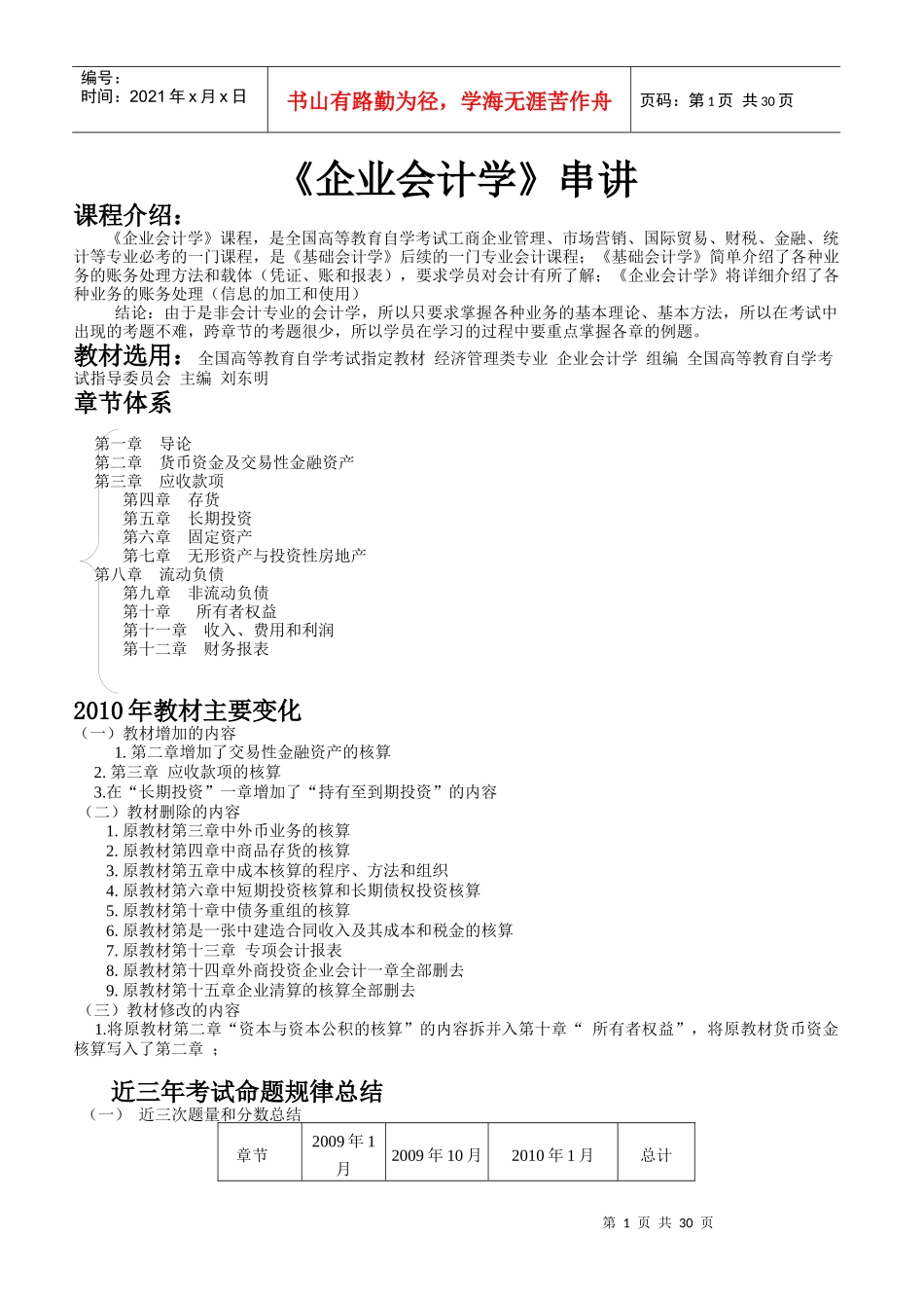 《企业会计学》XXXX[1]自考串讲讲义_第1页