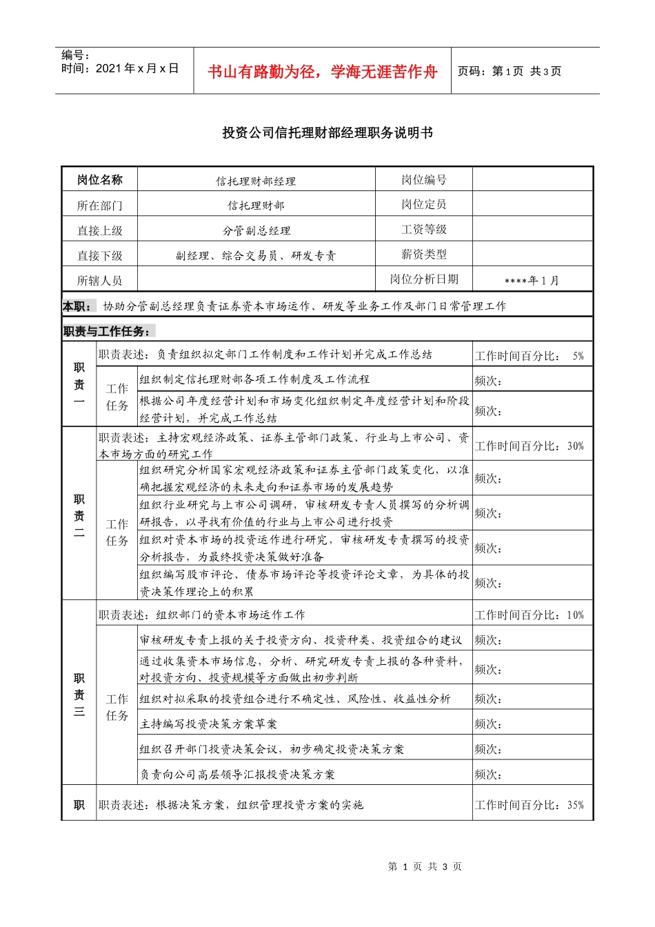 投资公司信托理财部经理职务说明书_第1页