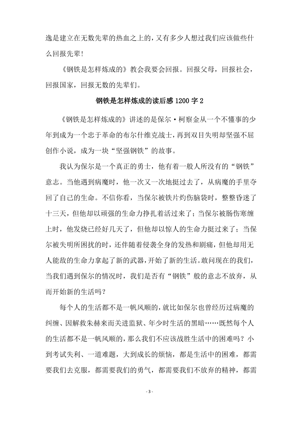 钢铁是怎样炼成的读后感1200字_第3页