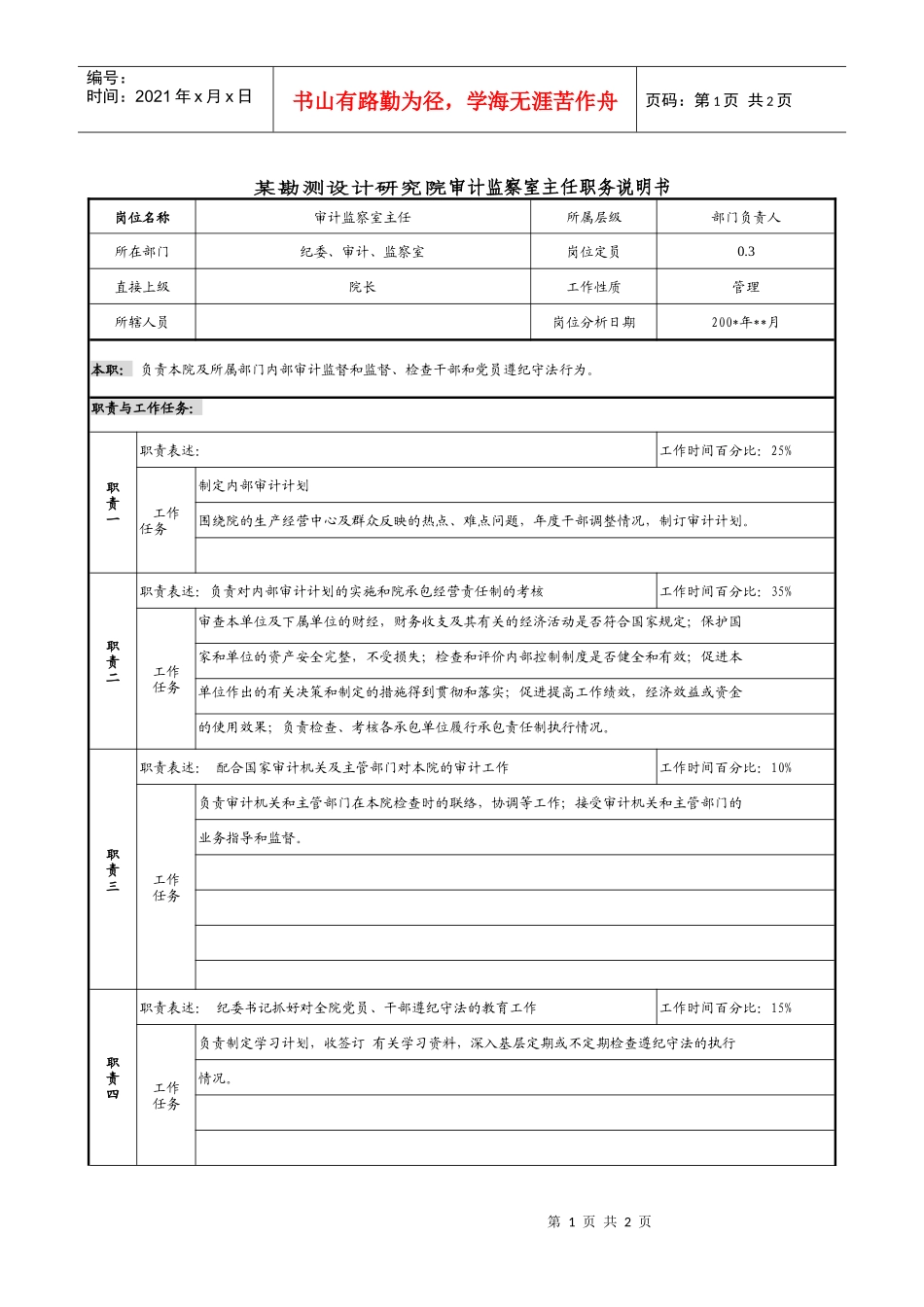 某勘测设计研究院审计监察室主任职务说明书_第1页