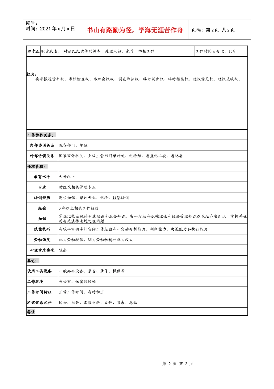 某勘测设计研究院审计监察室主任职务说明书_第2页