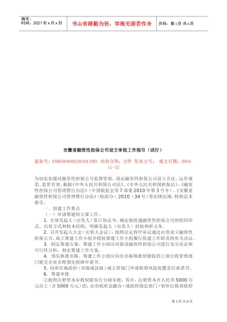 某某省融资性担保公司设立审批工作指南