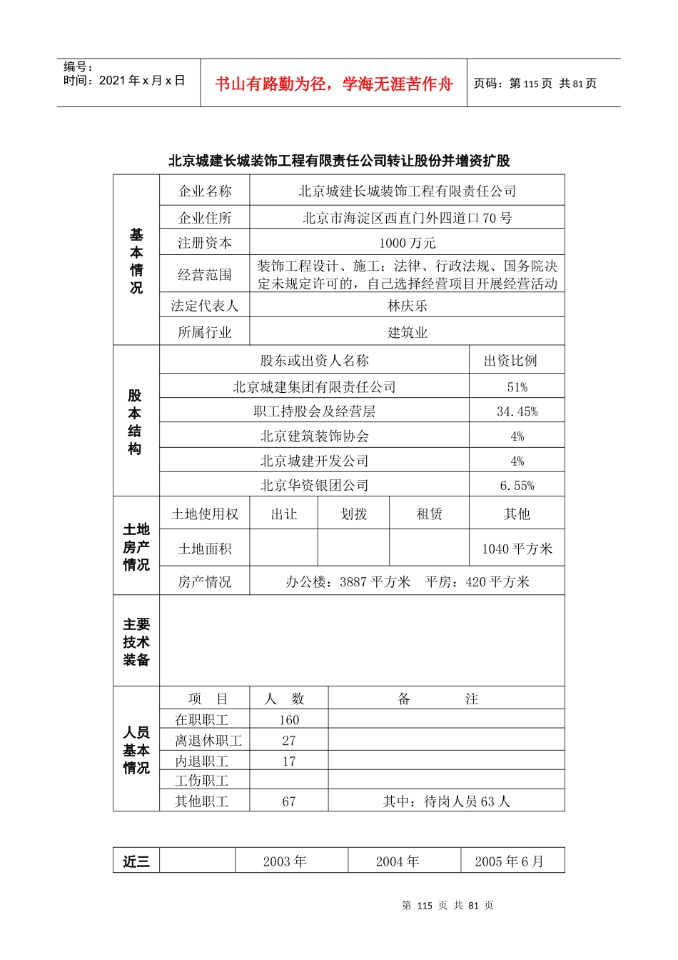 北京城建长城装饰工程有限责任公司转让股份并增资扩股_第1页