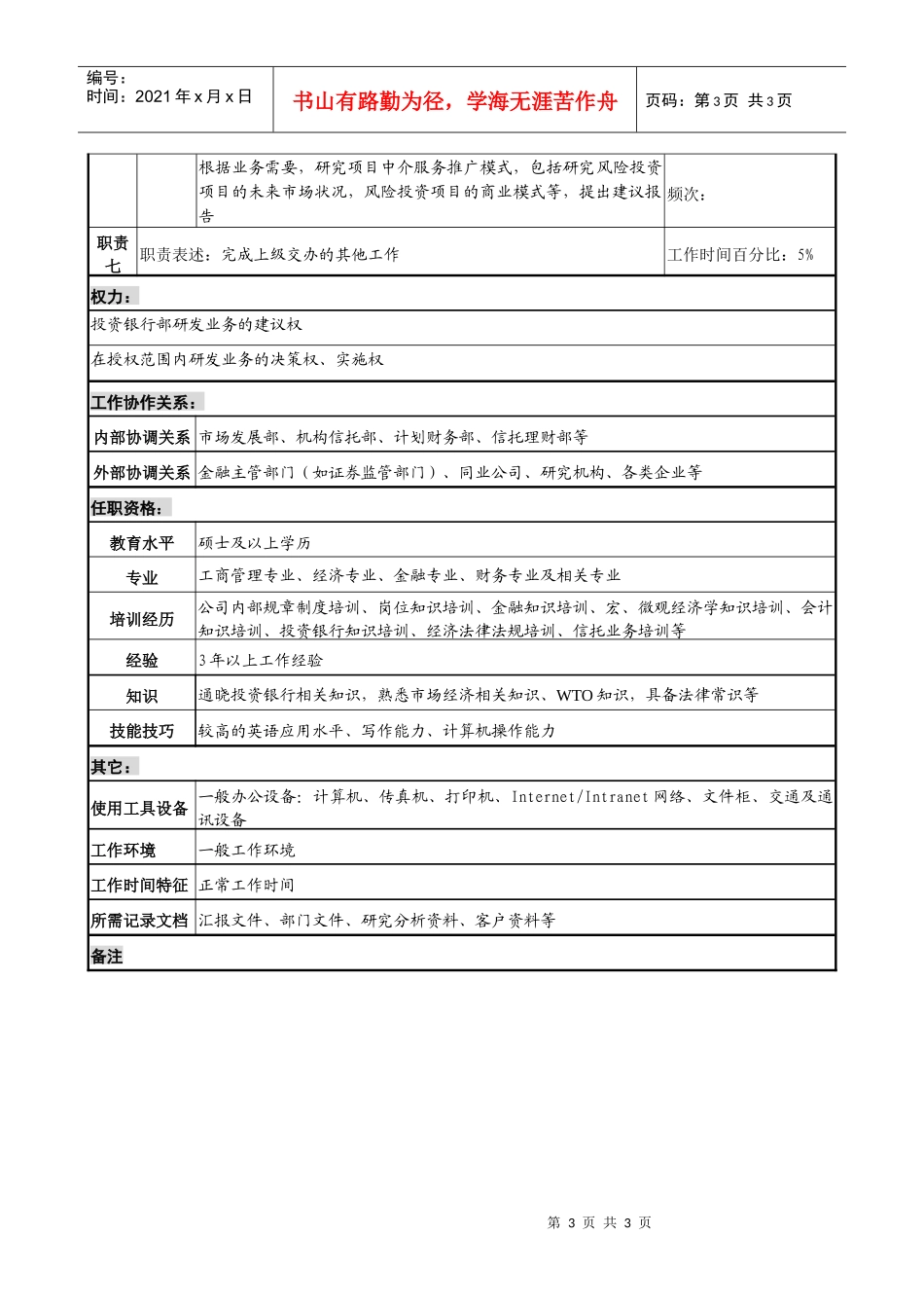 投资银行部经理研究开发专责职务说明书_第3页