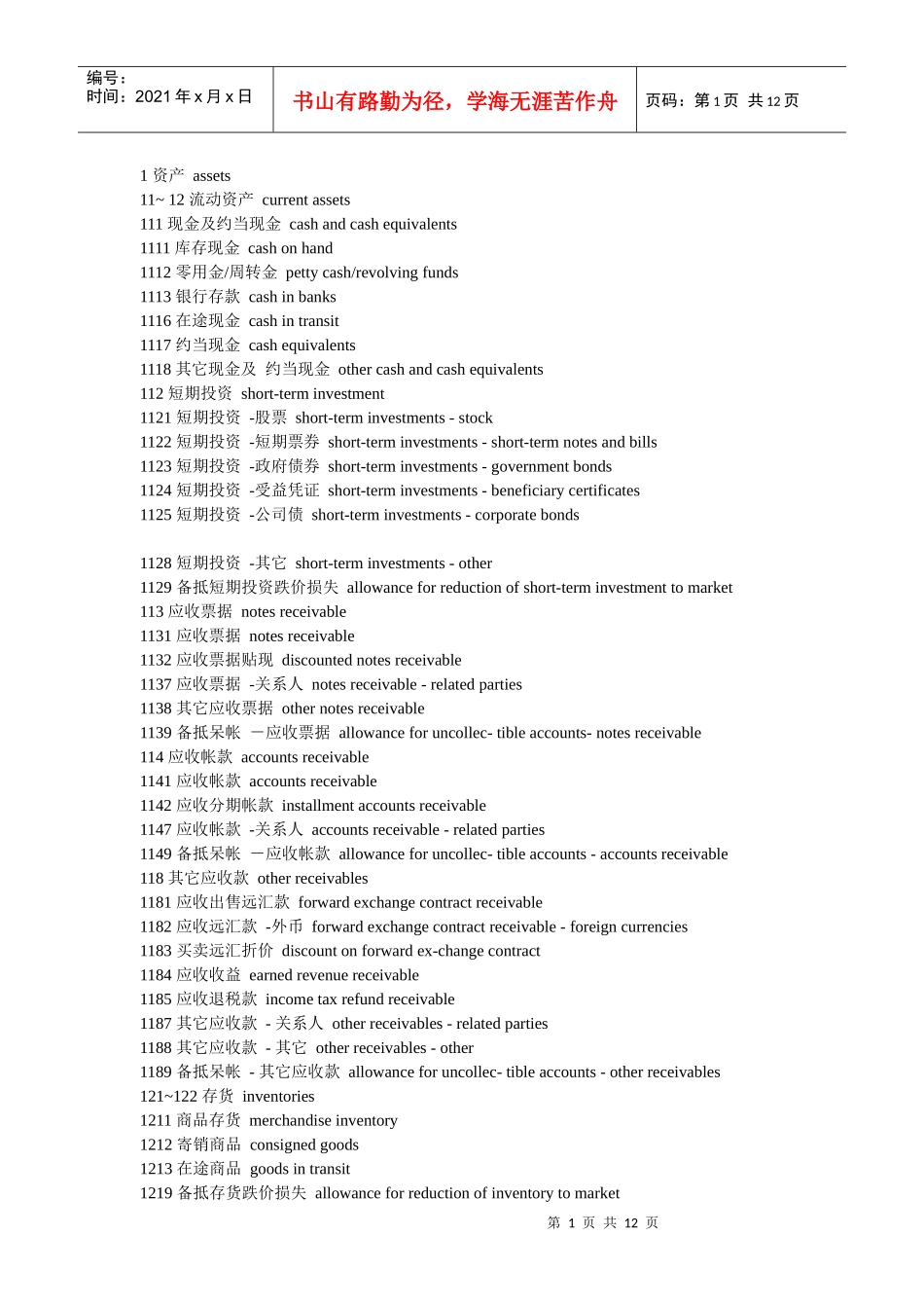 会计科目中英文对照_第1页