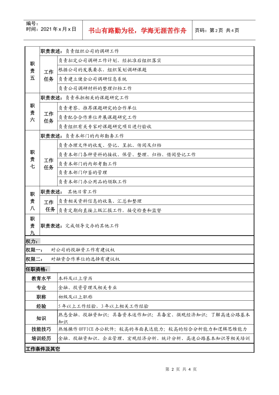 某高速公路公司投融资管理岗岗位说明书_第2页