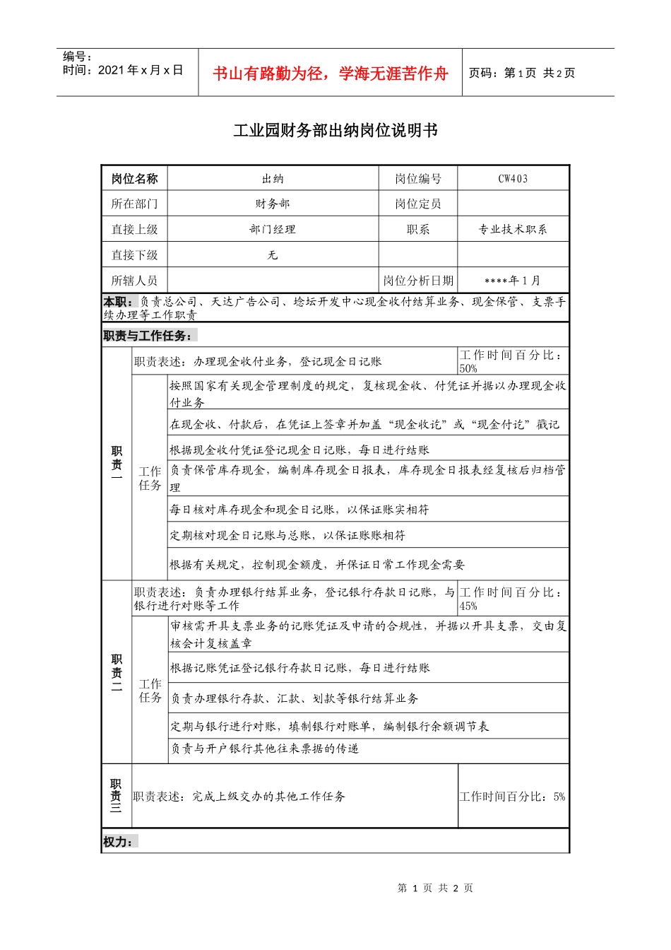 工业园财务部出纳岗位说明书_第1页