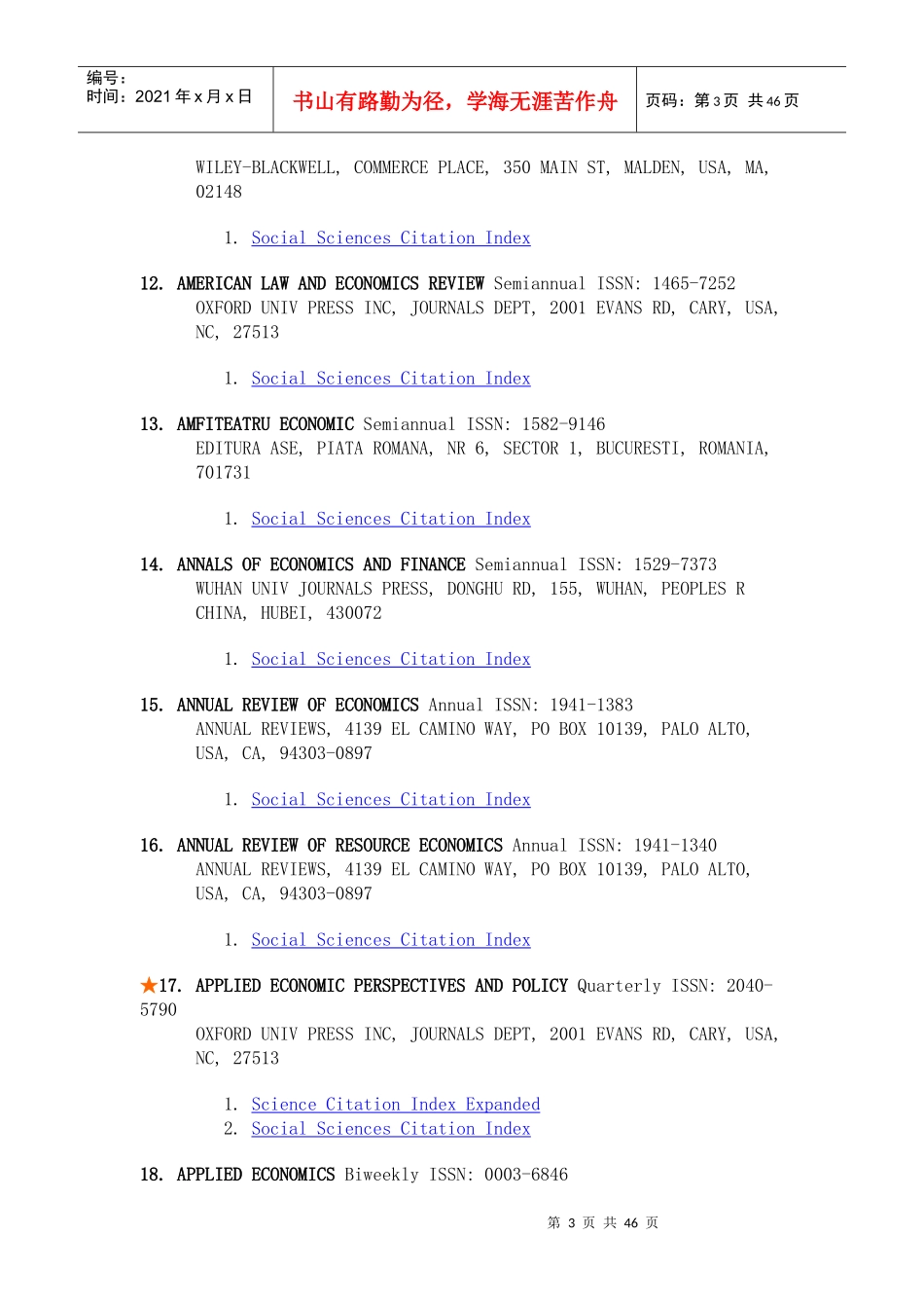 XXXX年SSCI收录经济学科期刊317种_第3页