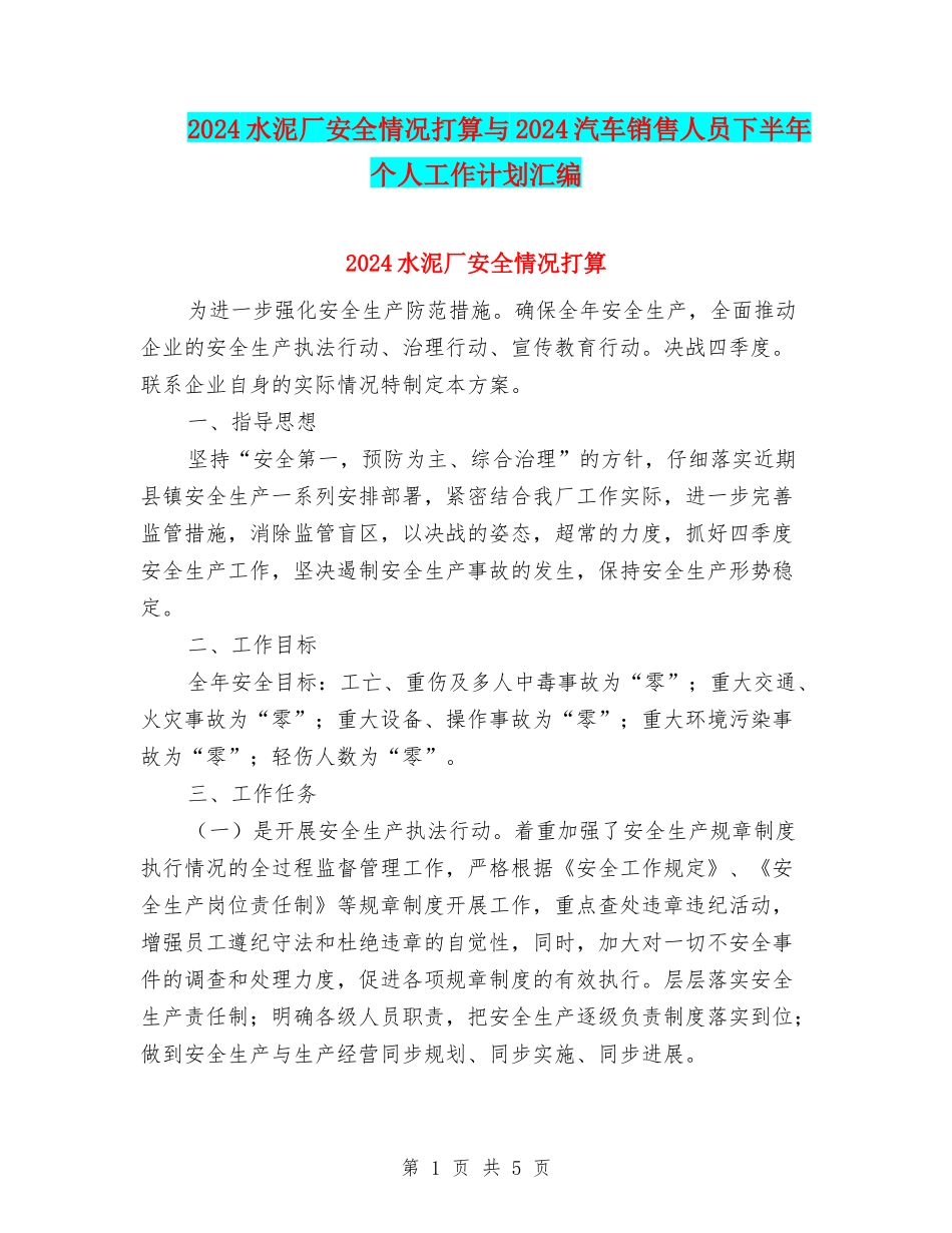 2024水泥厂安全情况打算与2024汽车销售人员下半年个人工作计划汇编_第1页