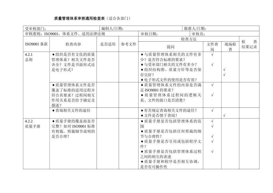 最新iso9001质量管理体系审核通用检查表(适合各部门)推荐参考_第1页