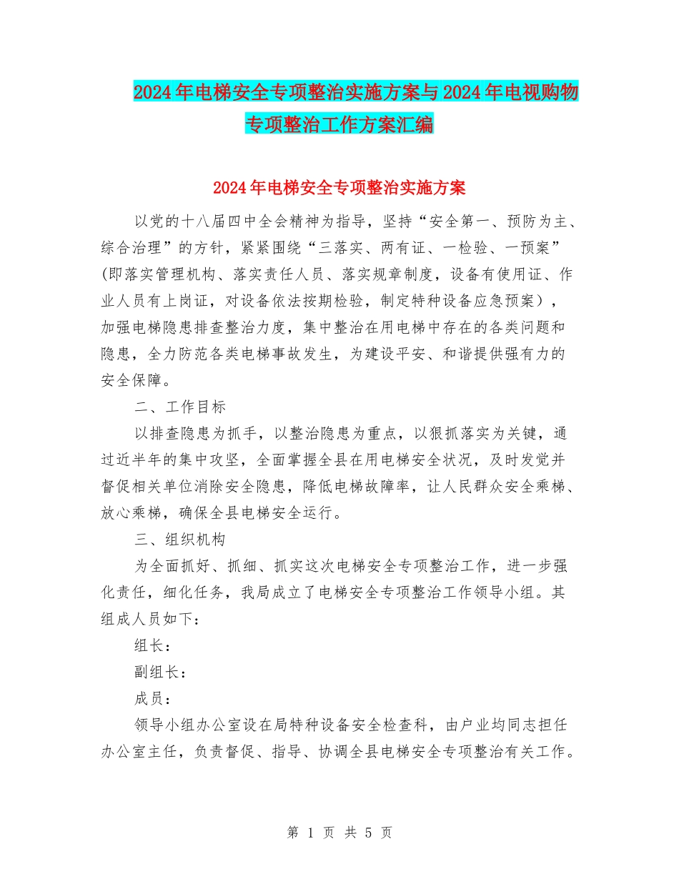2024年电梯安全专项整治实施方案与2024年电视购物专项整治工作方案汇编_第1页