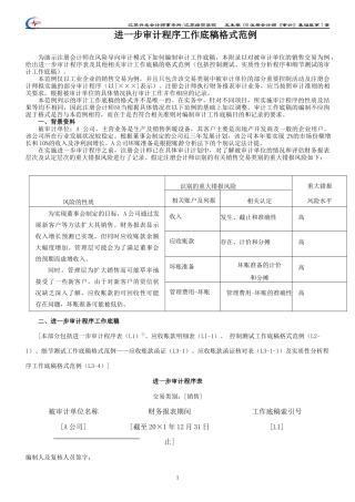 进一步审计程序工作底稿格式范例