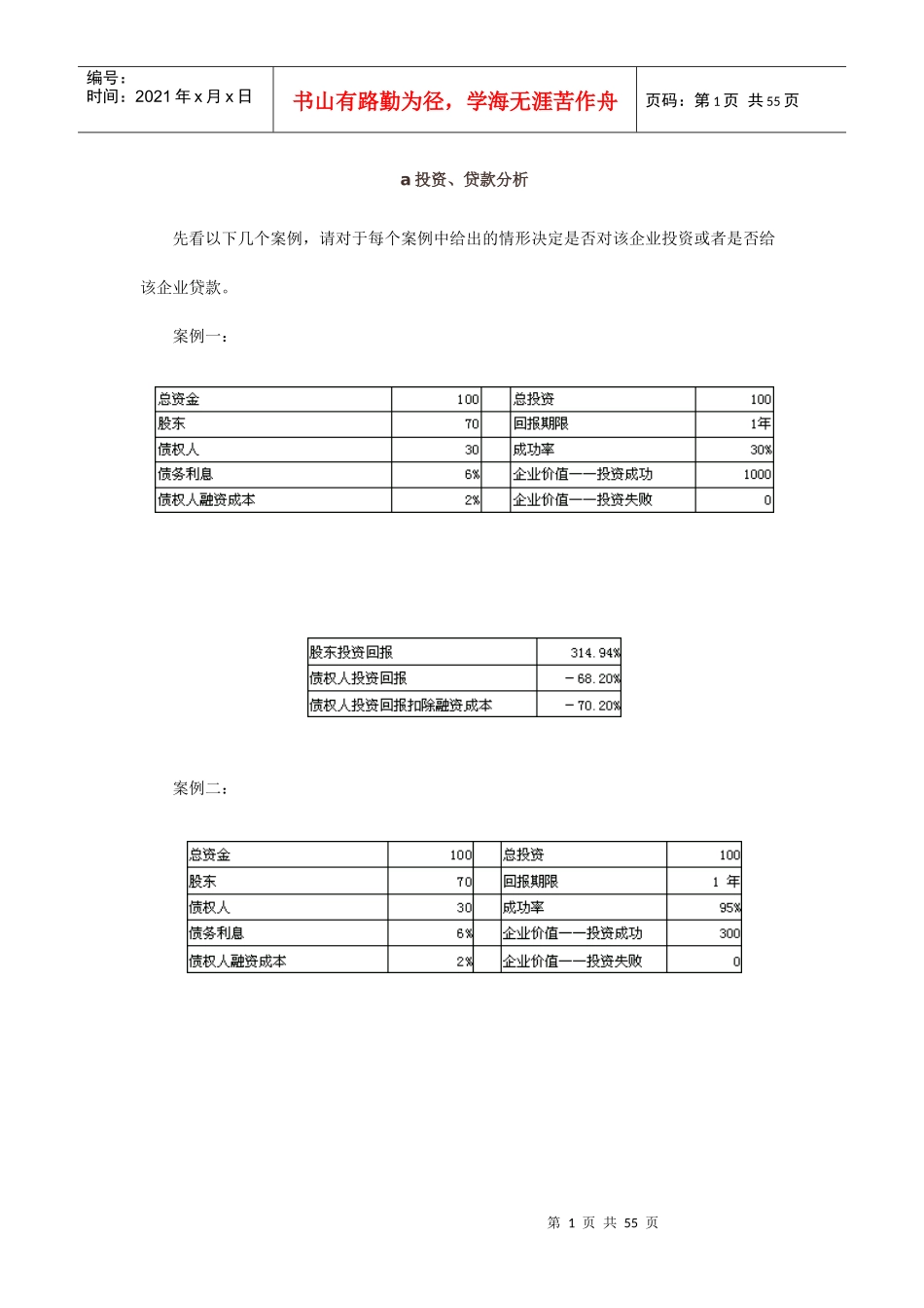 财务案例分析及习题练习_第1页