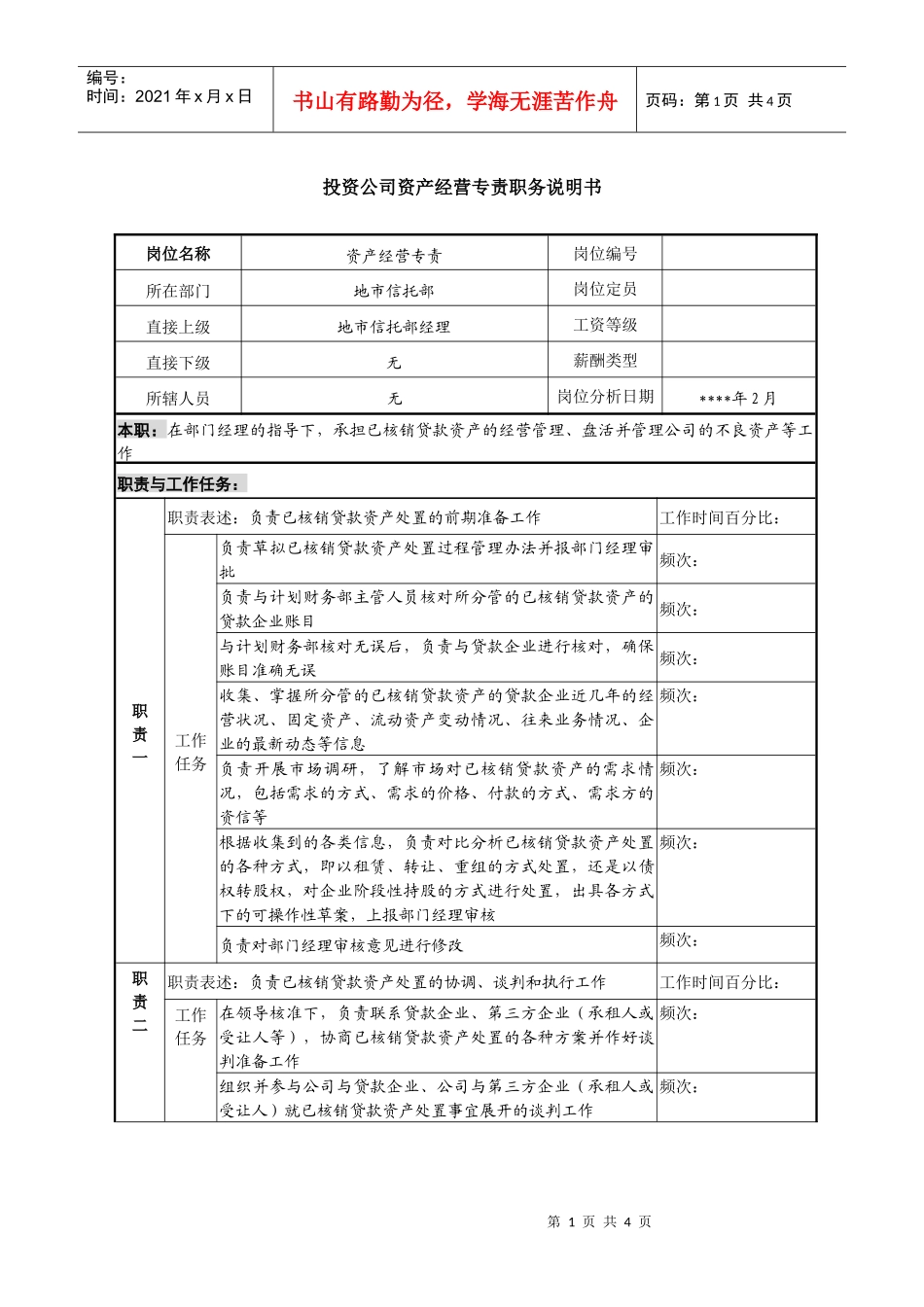 投资公司资产经营专责职务说明书_第1页