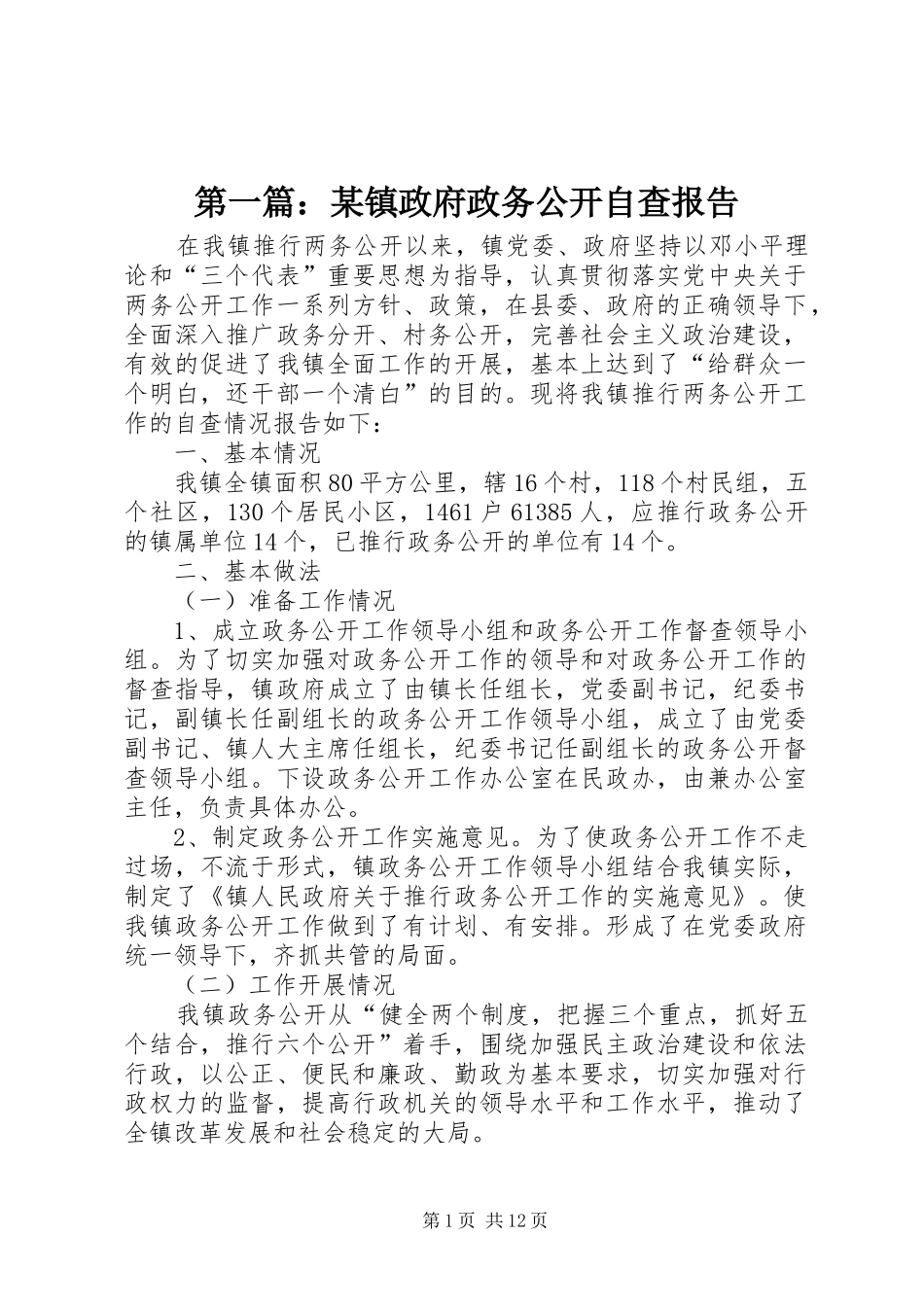 第一篇：某镇政府政务公开自查报告_第1页