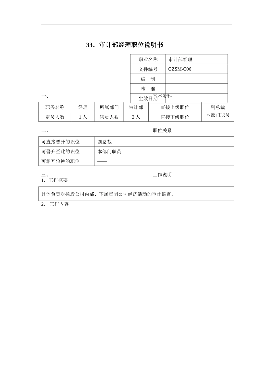 审计部经理职位说明书（DOC 2页）_第1页