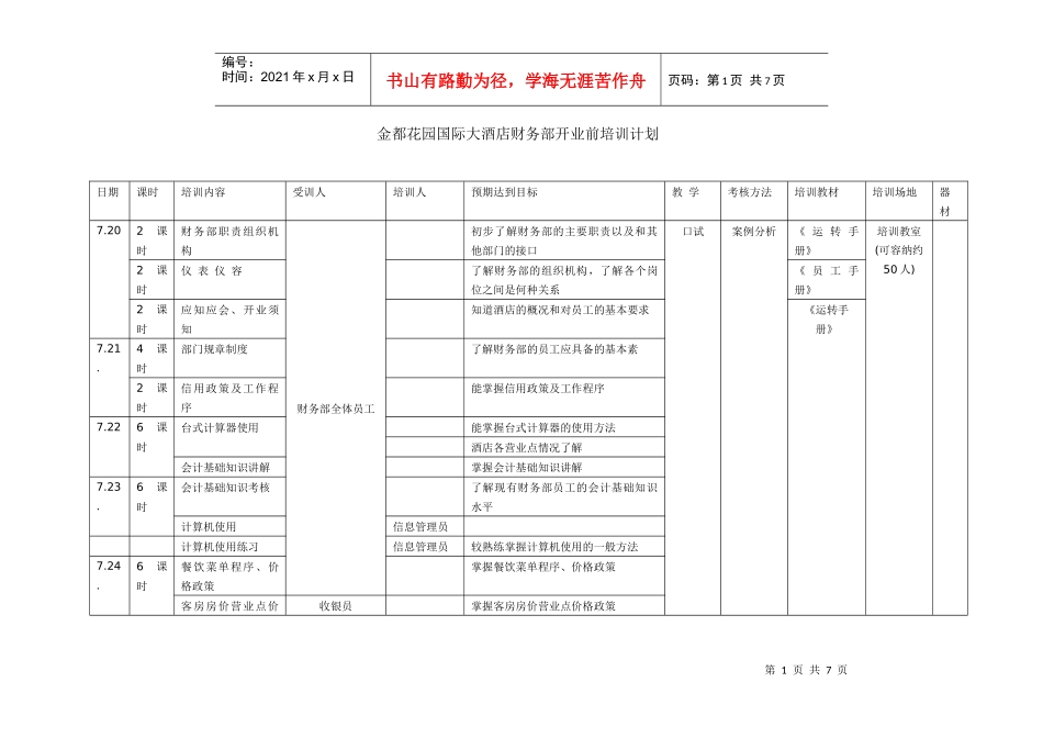 金都花园酒店财务部培训计划_第1页