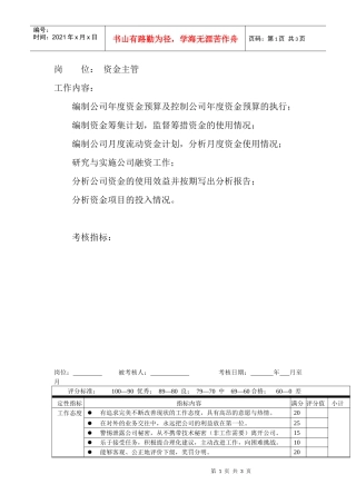 岗位工作内容和年度定性考核指标-资金主管