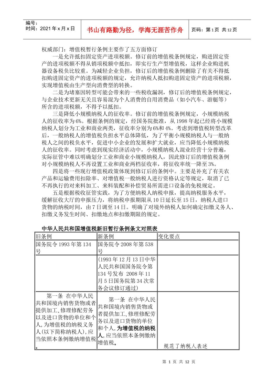 中华人民共和国增值税新旧暂行条例条文对照表_第1页