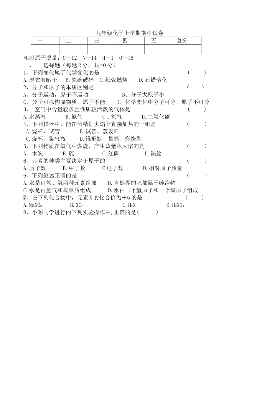 大湾中学2010年九年级化学(上)期中试卷2_第1页