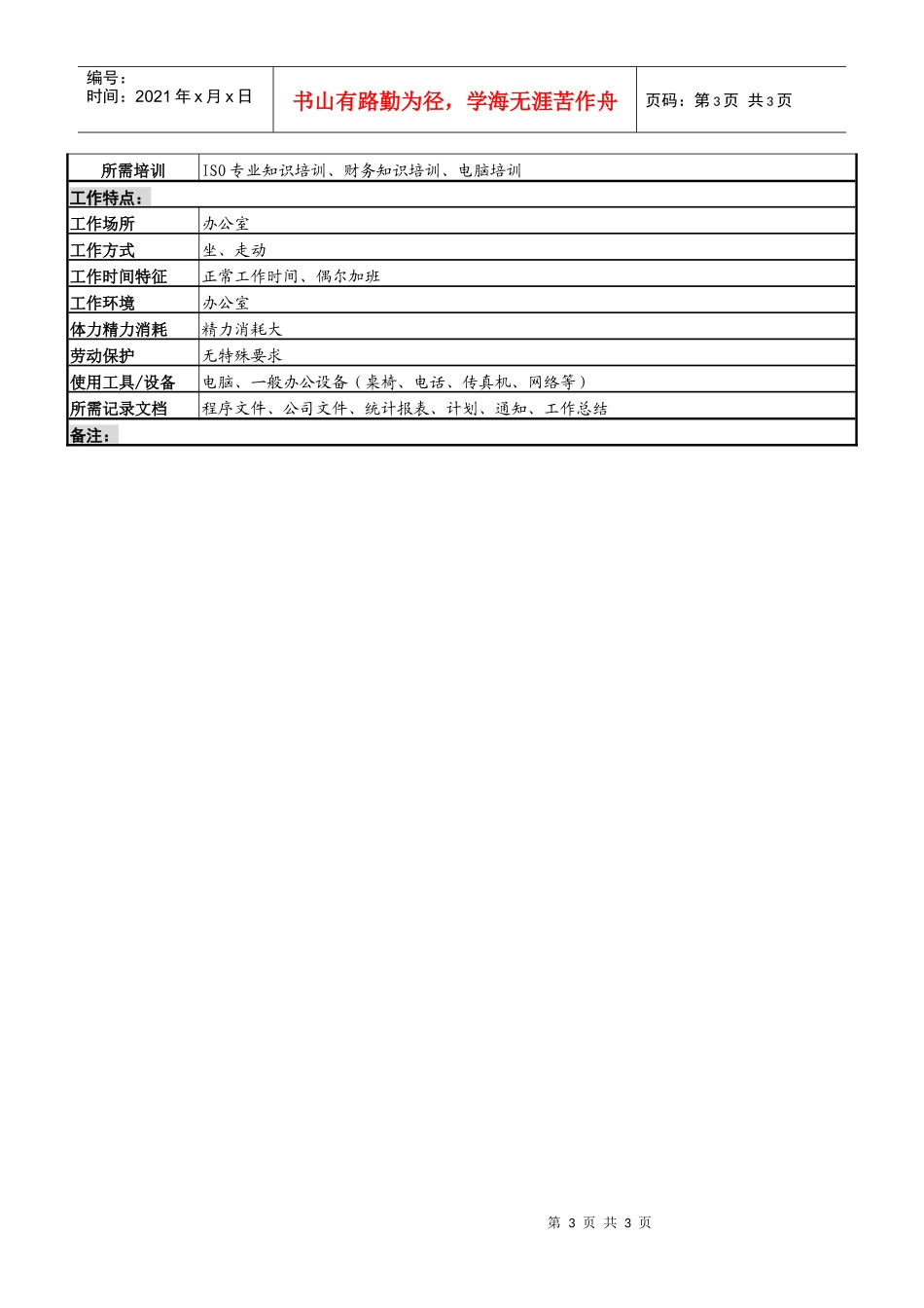 某服装生产企业内审统计主管职位说明书_第3页