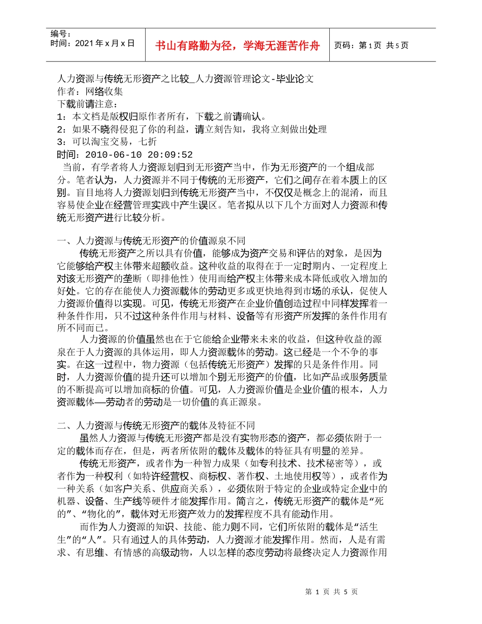 【精品文档-管理学】人力资源与传统无形资产之比较_人力资源管_第1页