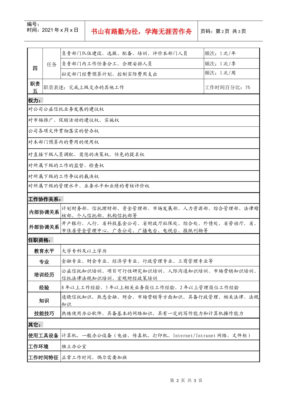 投资公司公益信托部经理职务说明书_第2页
