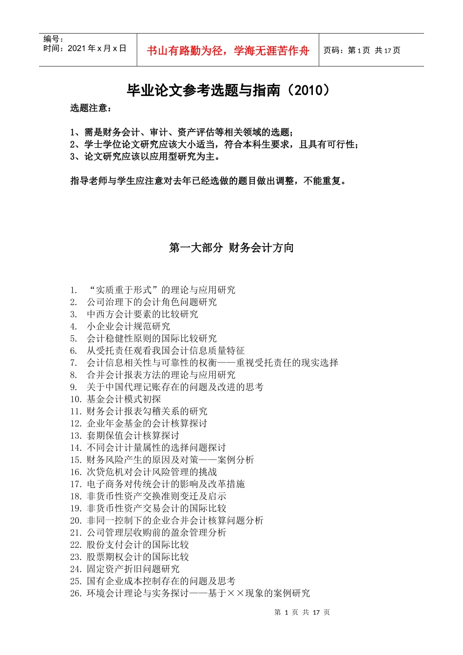 毕业论文参考选题与指南(XXXX)-上海立信会计学院_第1页