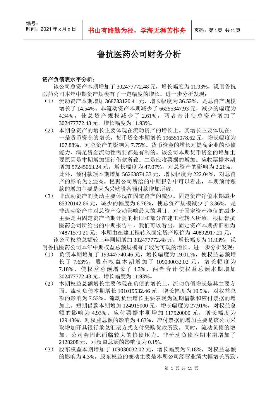 鲁抗医药公司财务分析_第1页