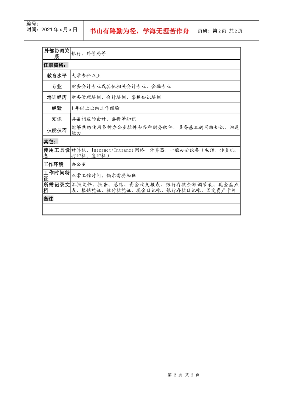 某地产企业出纳岗位说明书_第2页