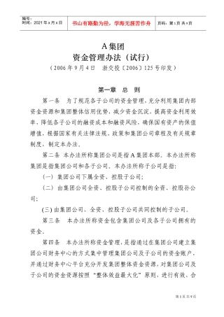 A集团有限公司资金管理办法(试行)(DOC9页)