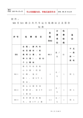 501至511路公共汽车运行线路站点及票价标准