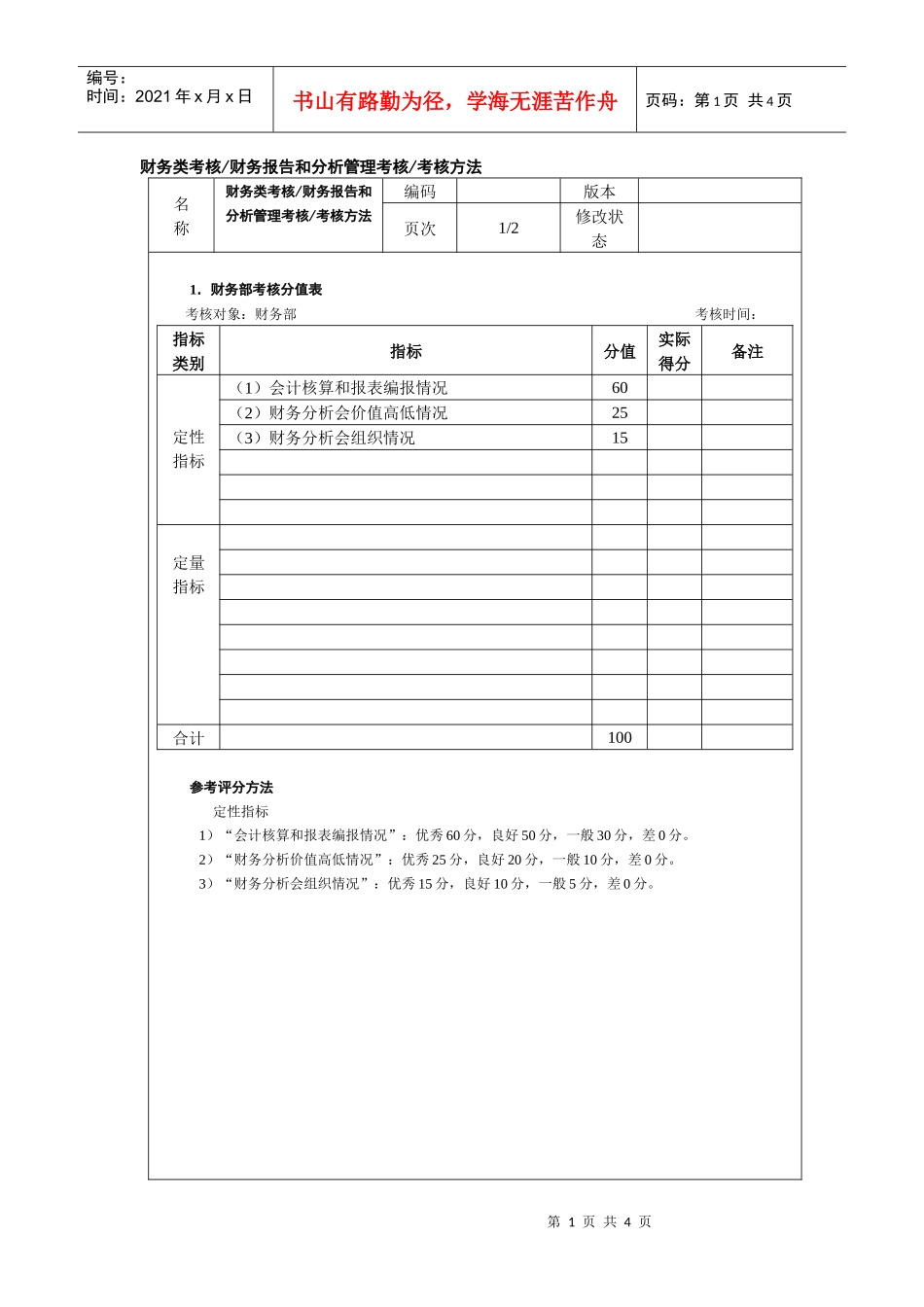 财务类考核财务报告和分析管理考核考核方法_第1页
