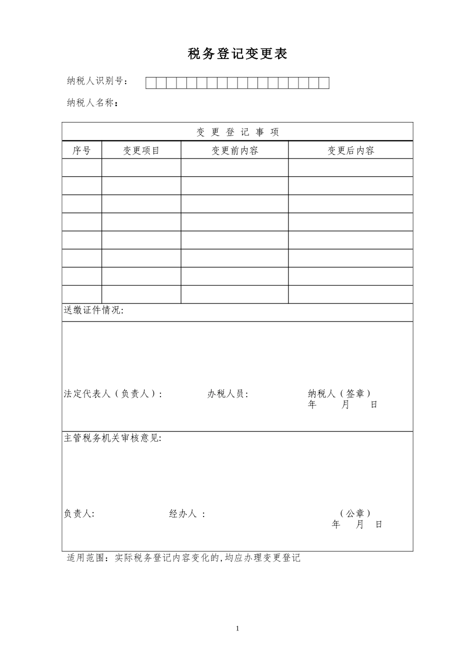 税务登记变更表相关表格模板_第1页