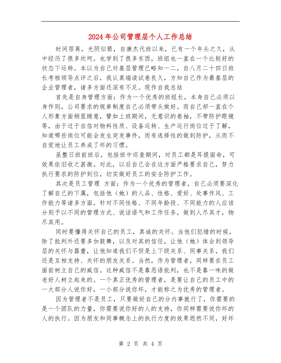 2024年公司管理层个人工作总结_第2页