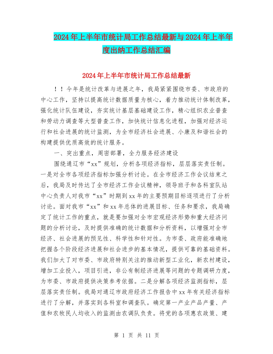 2024年上半年市统计局工作总结最新与2024年上半年度出纳工作总结汇编_第1页