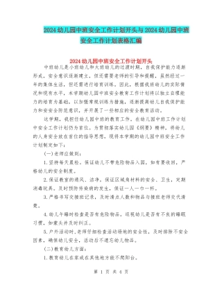 2024幼儿园中班安全工作计划开头与2024幼儿园中班安全工作计划表格汇编