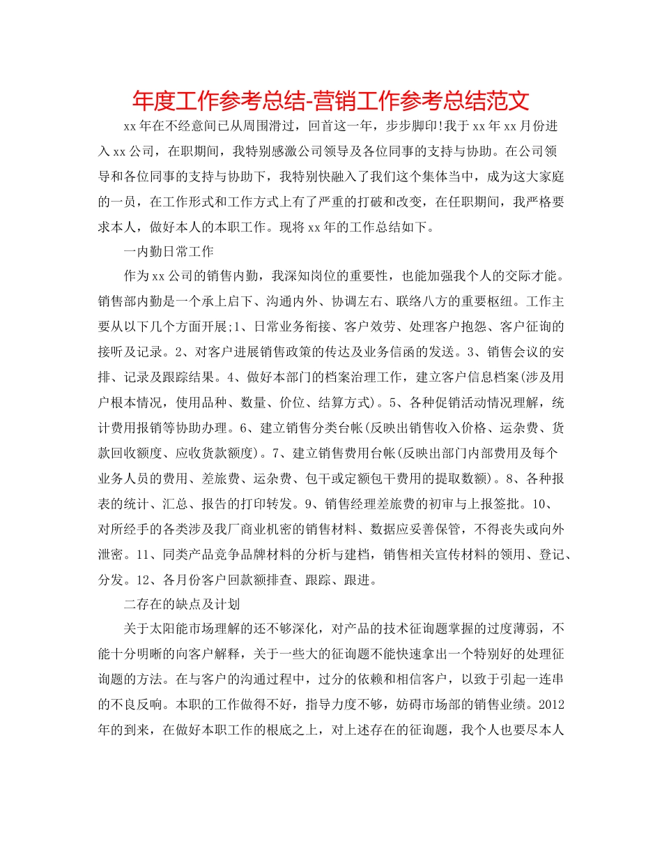 2021年度工作参考总结营销工作参考总结范文_第1页