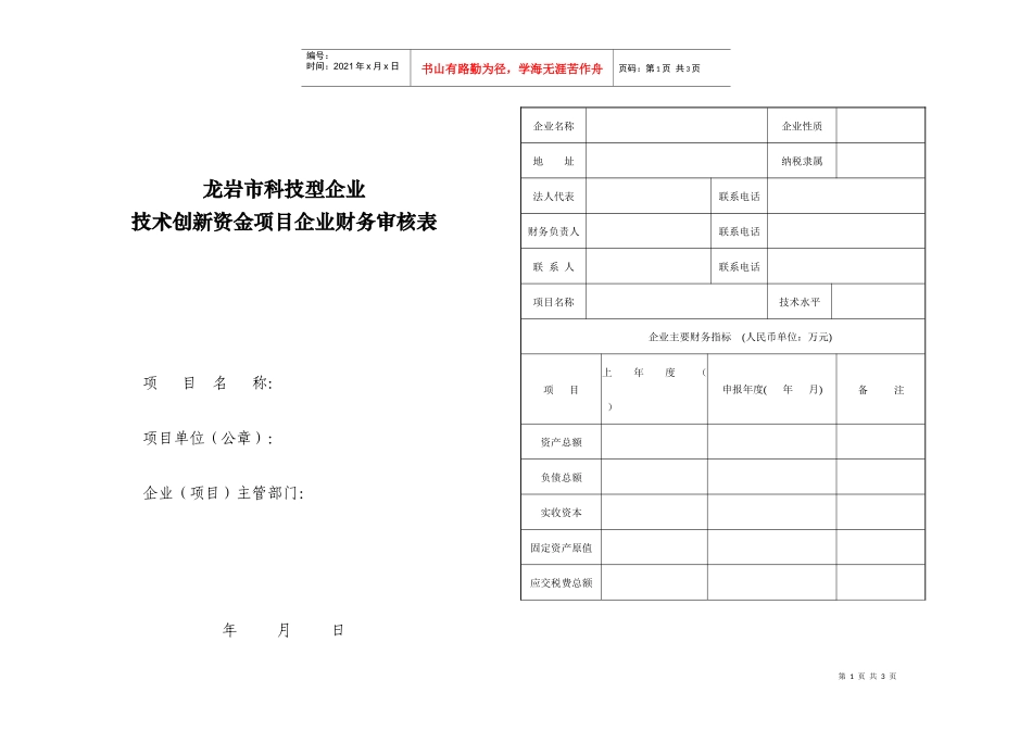 龙岩市创新资金财务审核表-龙岩市中小企业_第1页